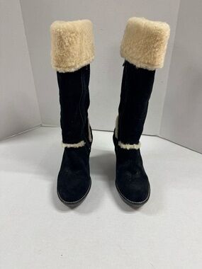 UGG Aubrie Wedge Shearling Knee Boot in Black - Size 7.5.